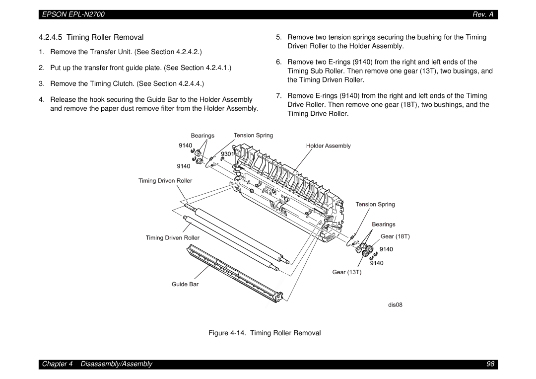 Epson N2700 manual Timing Roller Removal 