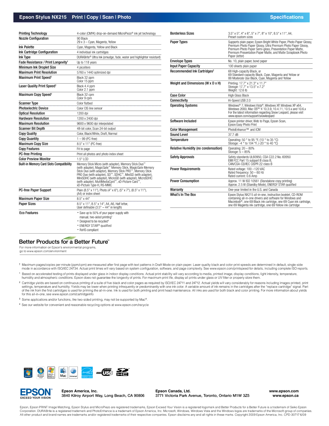 Epson manual Epson Stylus NX215 Print Copy Scan Photo, Specifications 