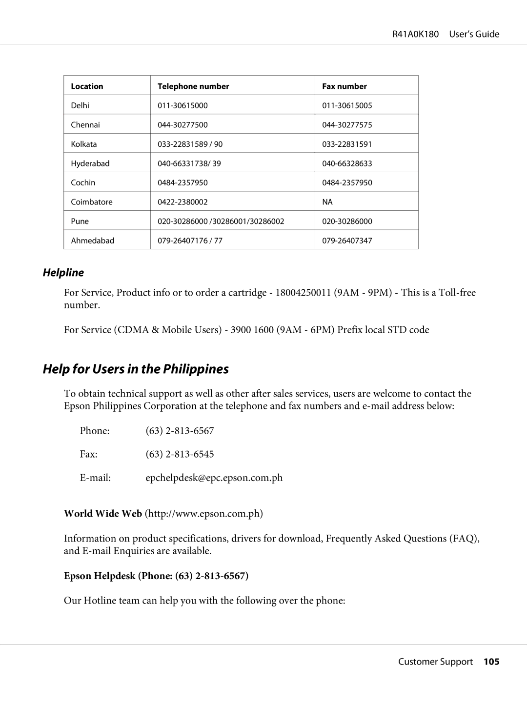 Epson P-6000 manual Help for Users in the Philippines, Helpline 