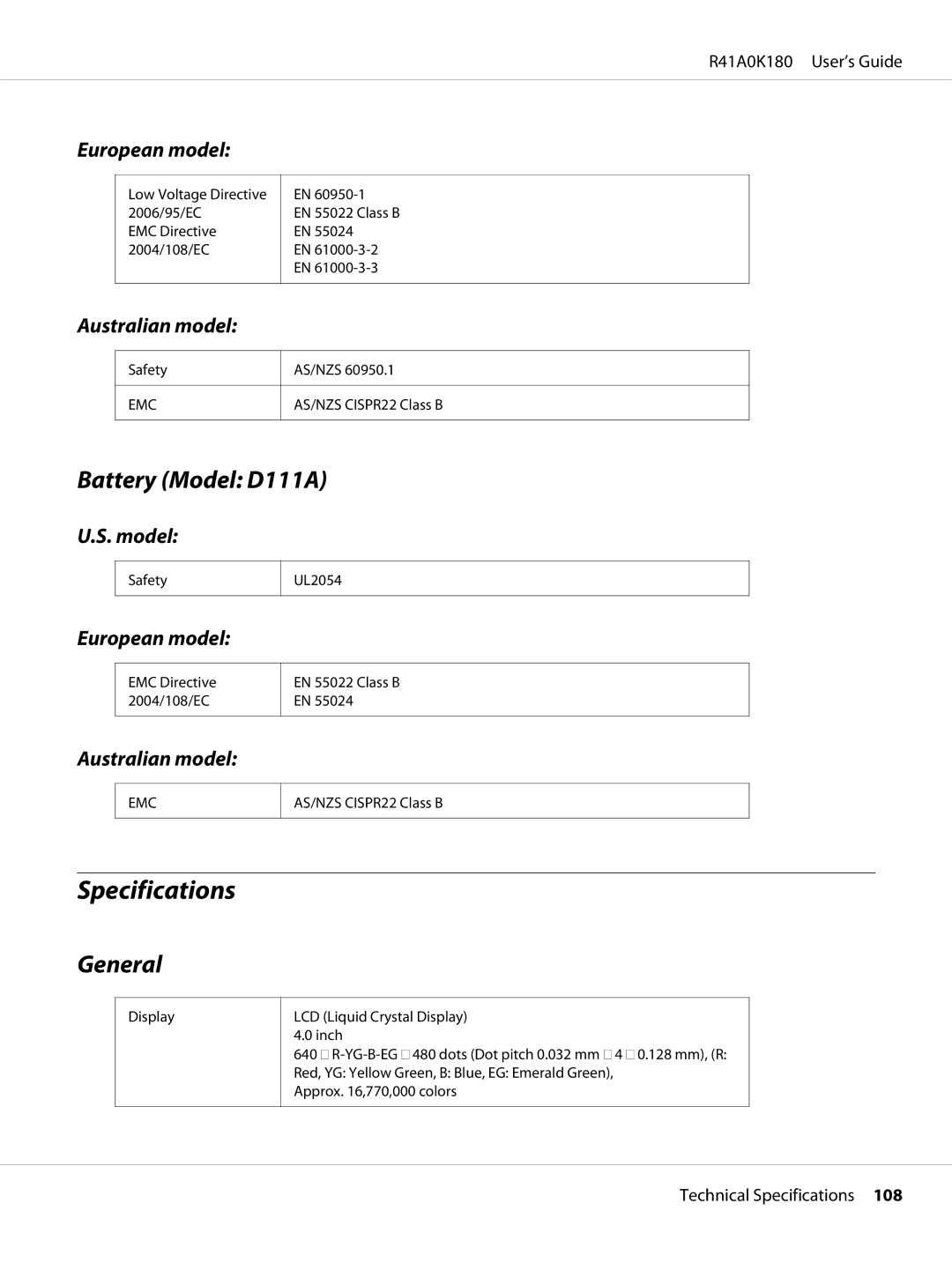 Epson P-6000 manual Specifications, Battery Model D111A, General 