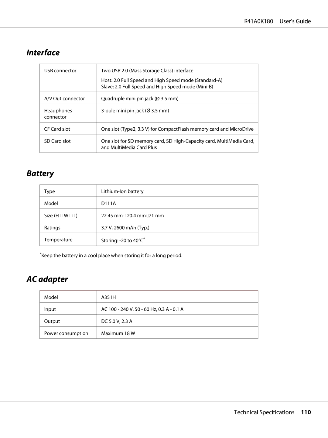 Epson P-6000 manual Interface, Battery, AC adapter 