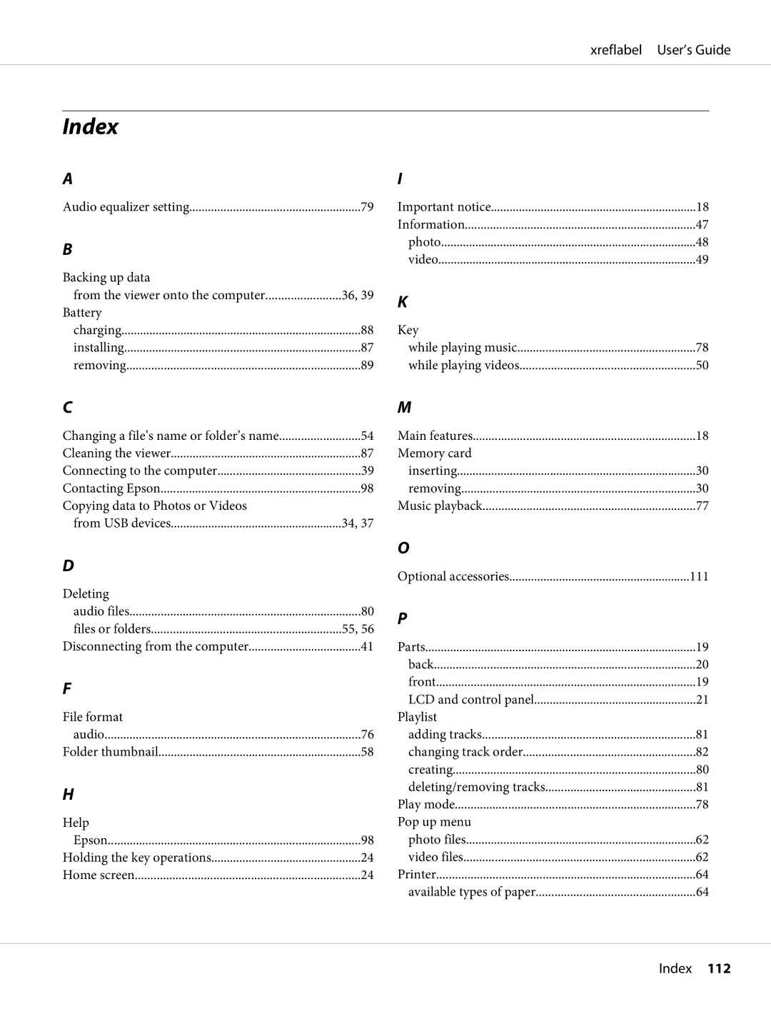 Epson P-6000 manual Index, Key 