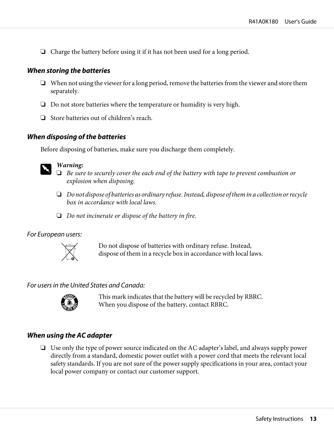 Epson P-6000 manual When storing the batteries, When disposing of the batteries, When using the AC adapter 