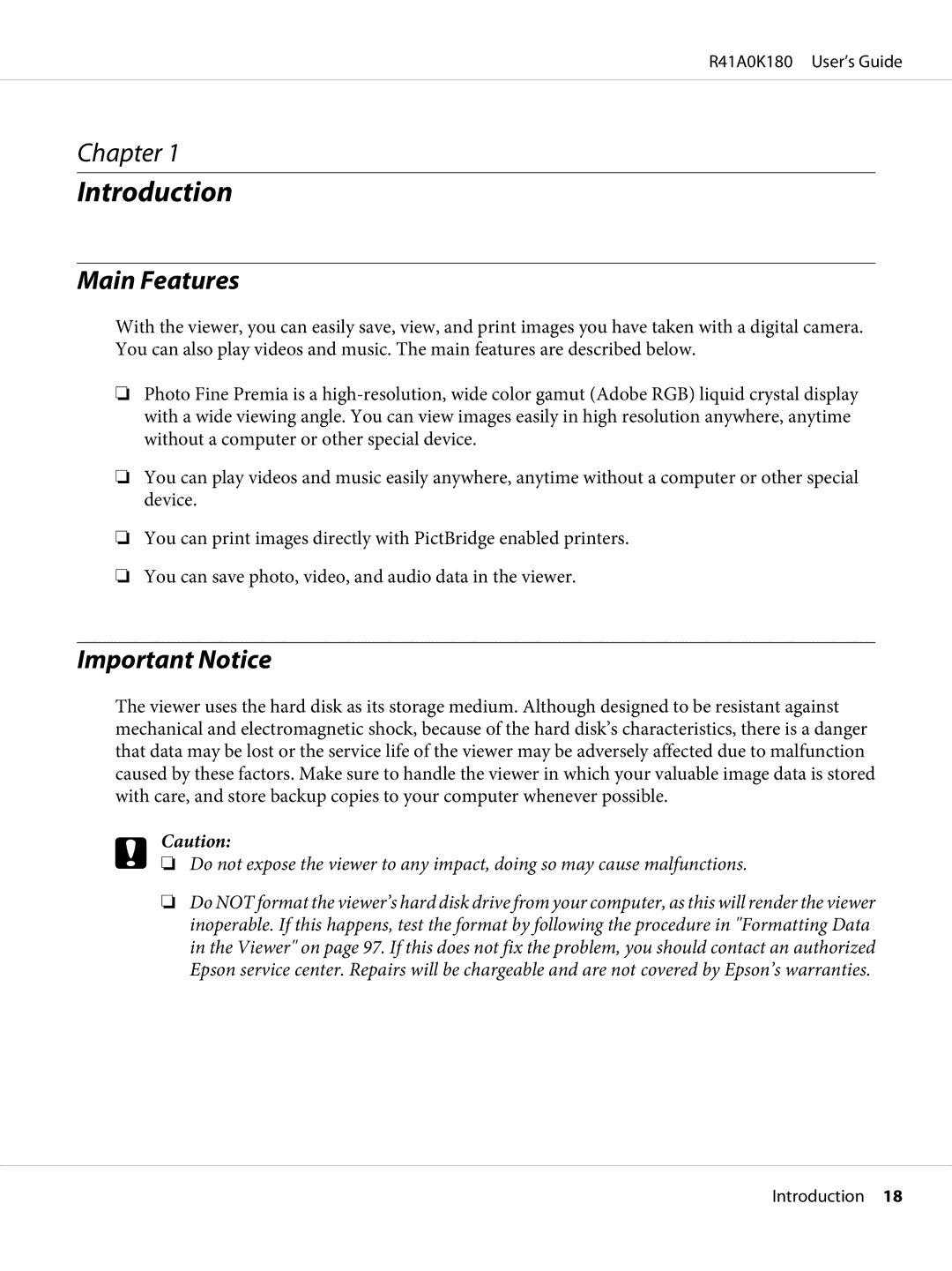 Epson P-6000 manual Introduction, Main Features, Important Notice 