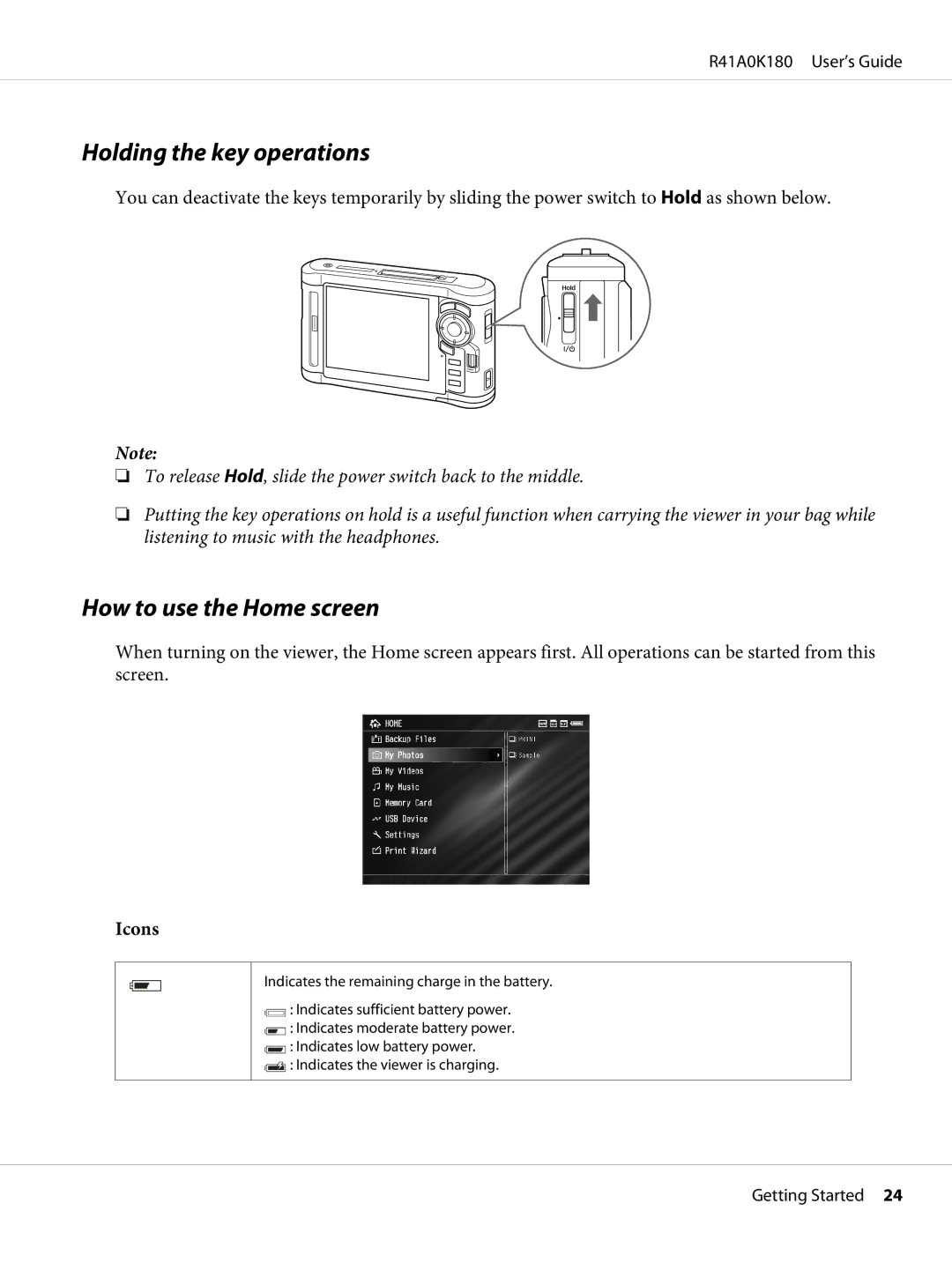 Epson P-6000 manual Holding the key operations, How to use the Home screen 