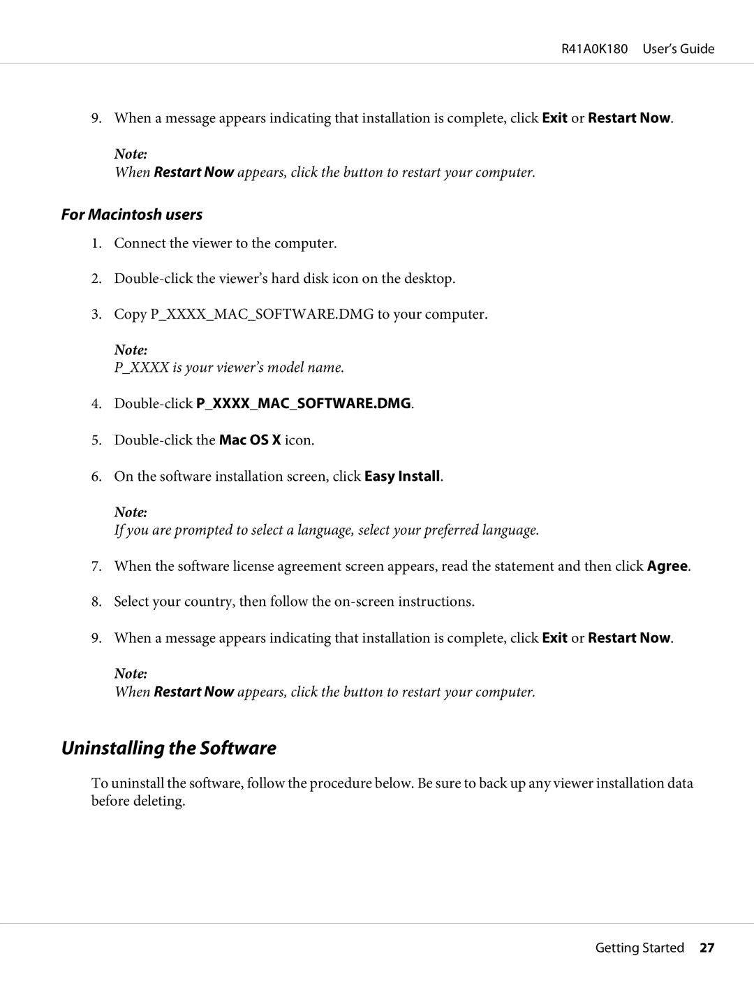 Epson P-6000 manual Uninstalling the Software, For Macintosh users 