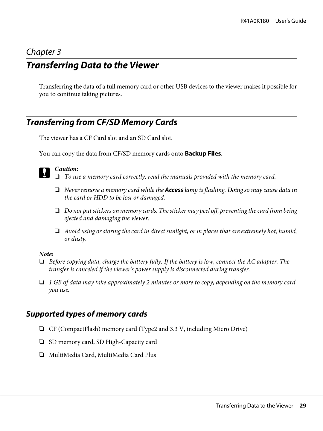 Epson P-6000 manual Transferring Data to the Viewer, Transferring from CF/SD Memory Cards, Supported types of memory cards 