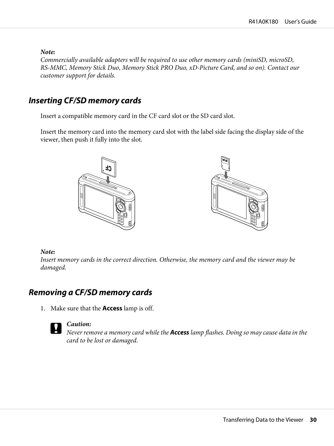 Epson P-6000 manual Inserting CF/SD memory cards, Removing a CF/SD memory cards 