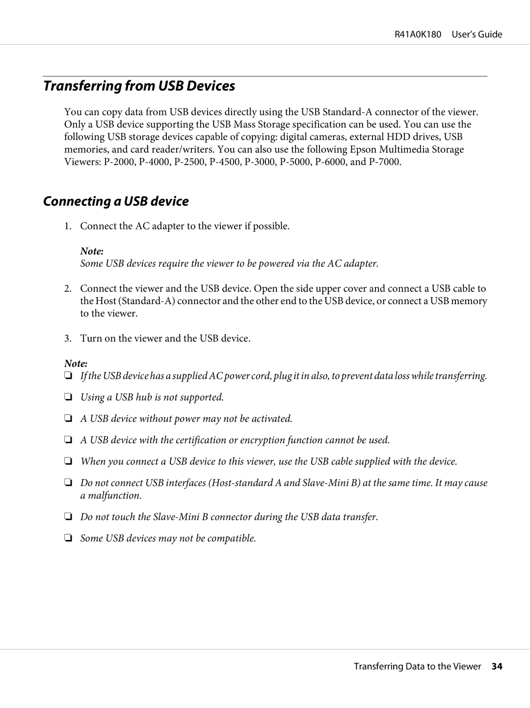 Epson P-6000 manual Transferring from USB Devices, Connecting a USB device 