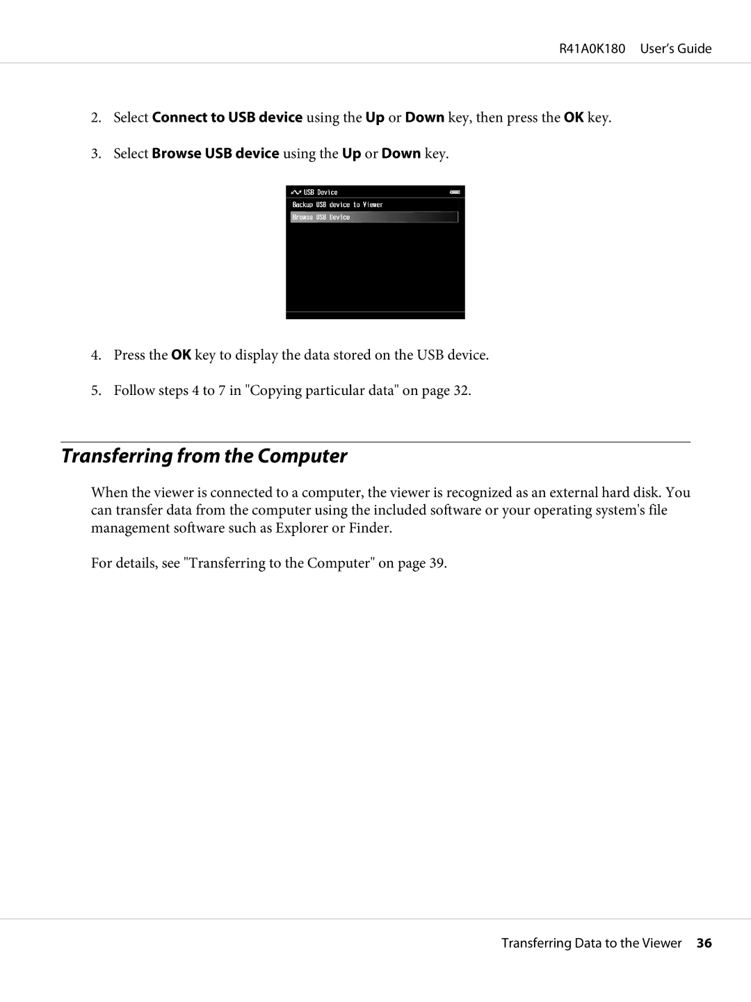 Epson P-6000 manual Transferring from the Computer, Select Browse USB device using the Up or Down key 