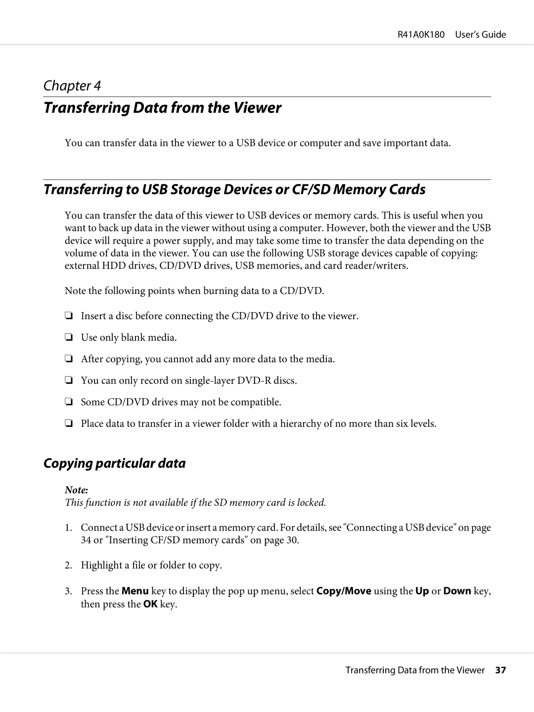 Epson P-6000 manual Transferring Data from the Viewer, Transferring to USB Storage Devices or CF/SD Memory Cards 