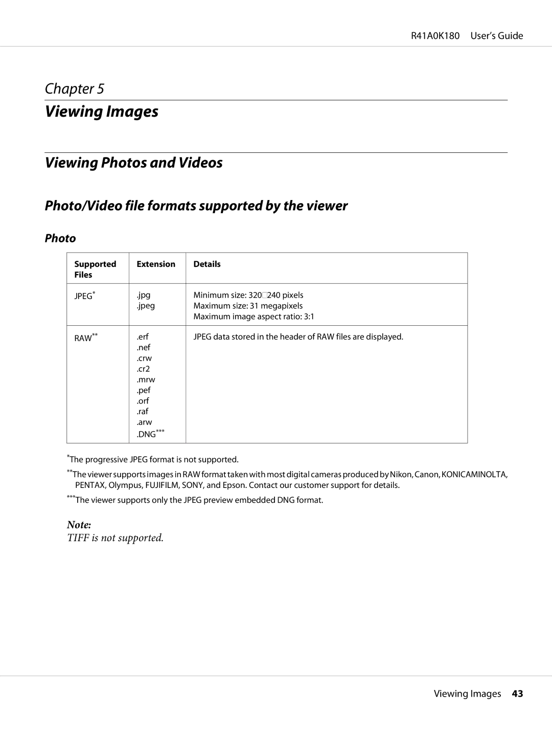 Epson P-6000 manual Viewing Images, Viewing Photos and Videos, Photo/Video file formats supported by the viewer 