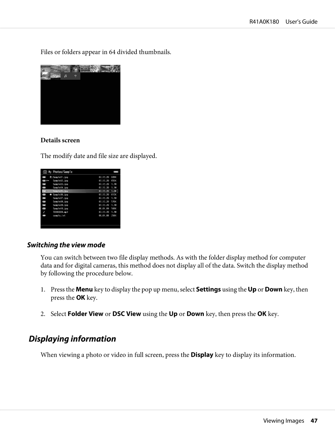 Epson P-6000 manual Displaying information, Switching the view mode 