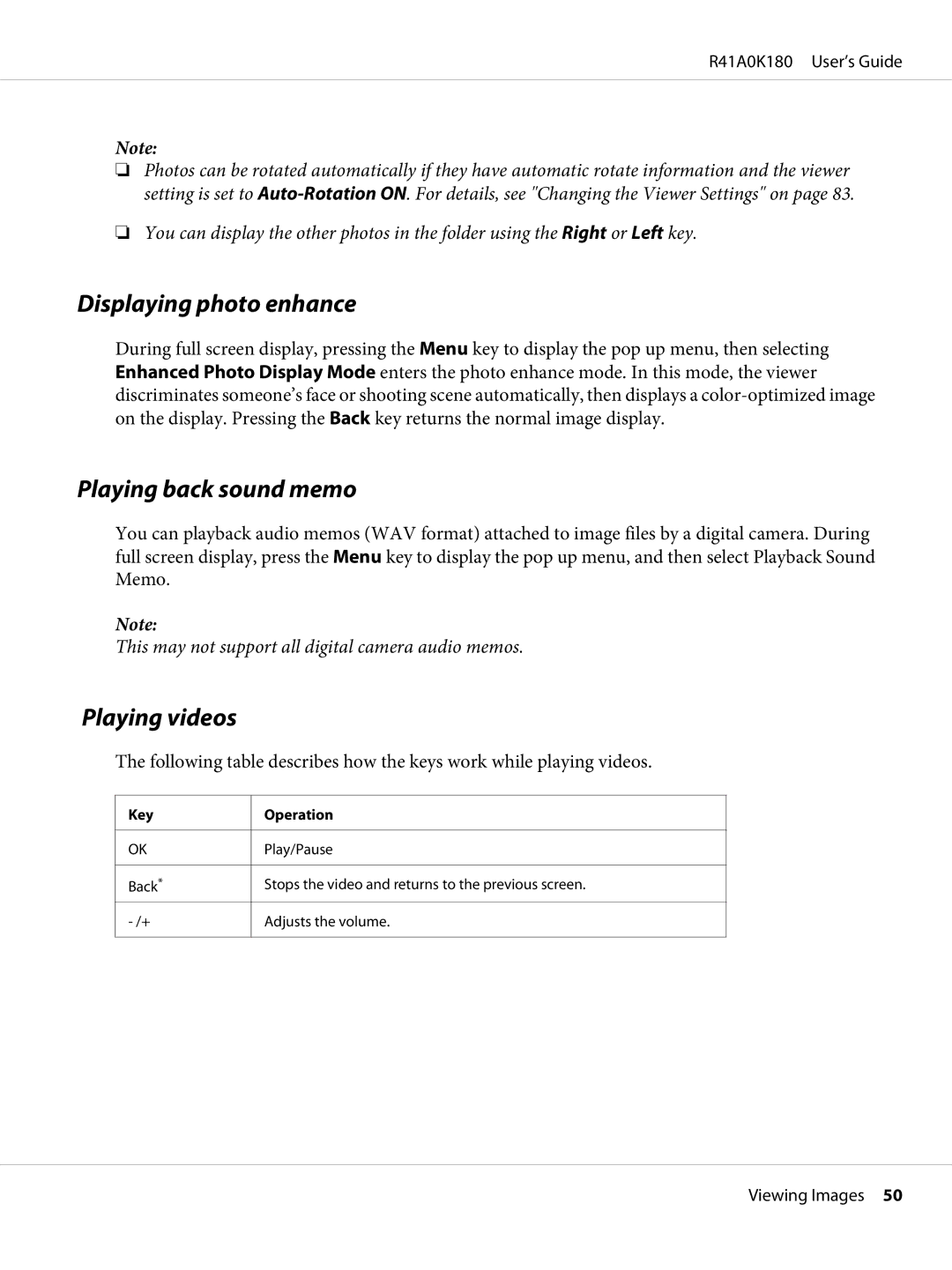 Epson P-6000 manual Displaying photo enhance, Playing back sound memo, Playing videos 