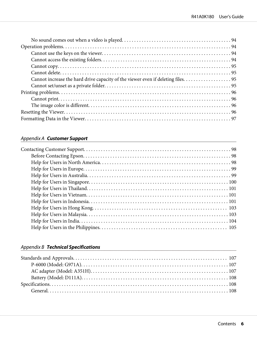 Epson P-6000 manual Appendix a Customer Support 