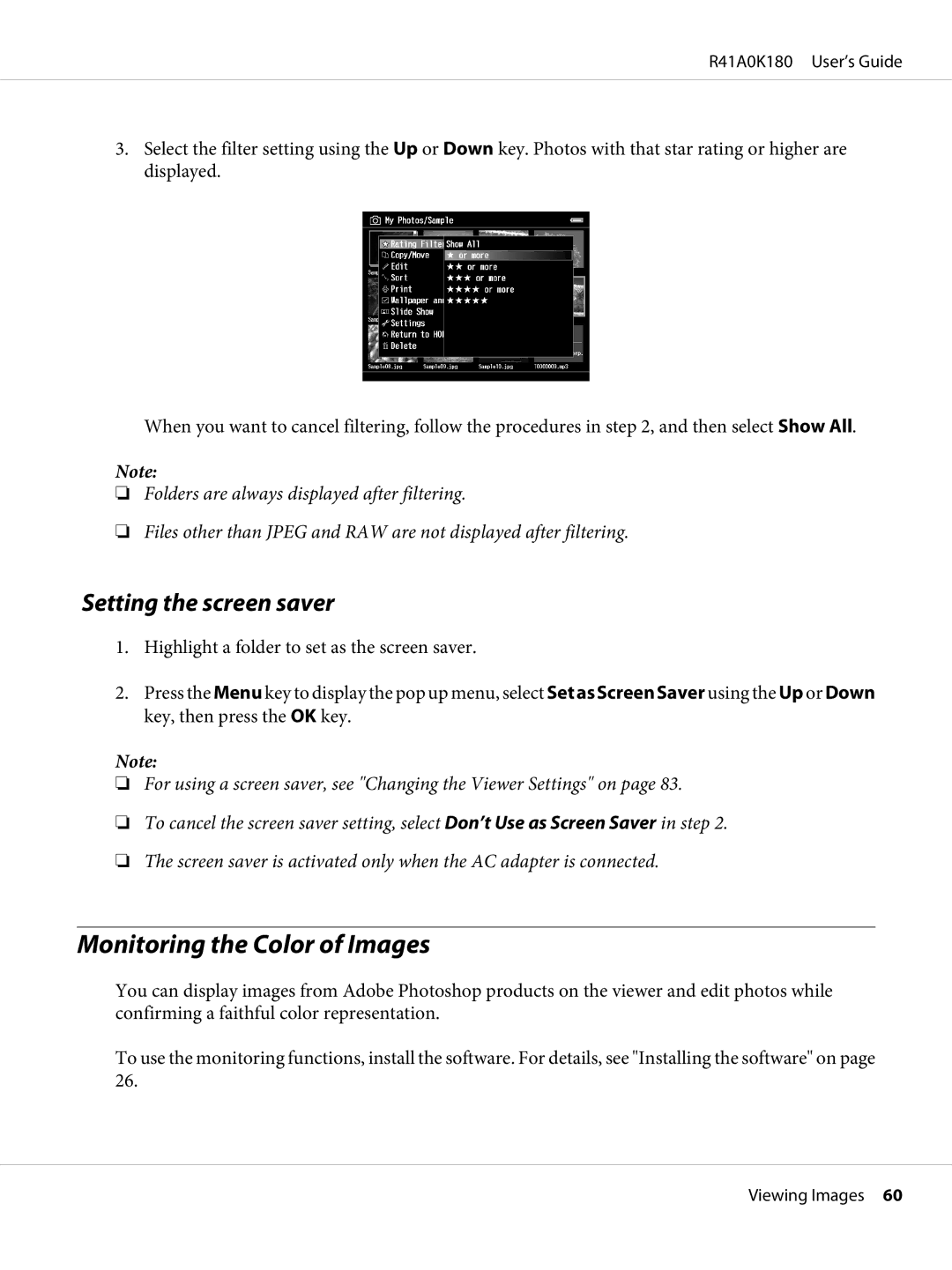 Epson P-6000 manual Monitoring the Color of Images, Setting the screen saver 