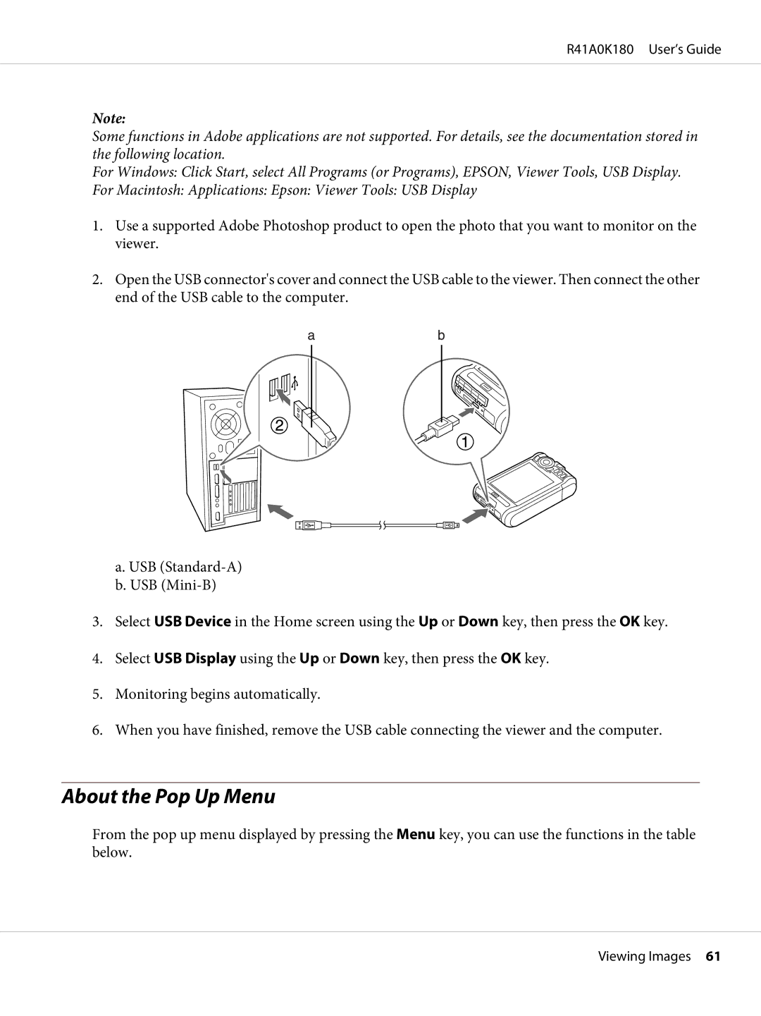 Epson P-6000 manual About the Pop Up Menu 