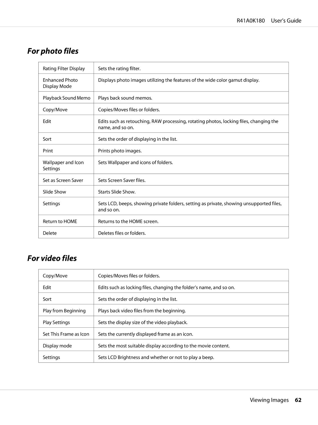 Epson P-6000 manual For photo files, For video files 