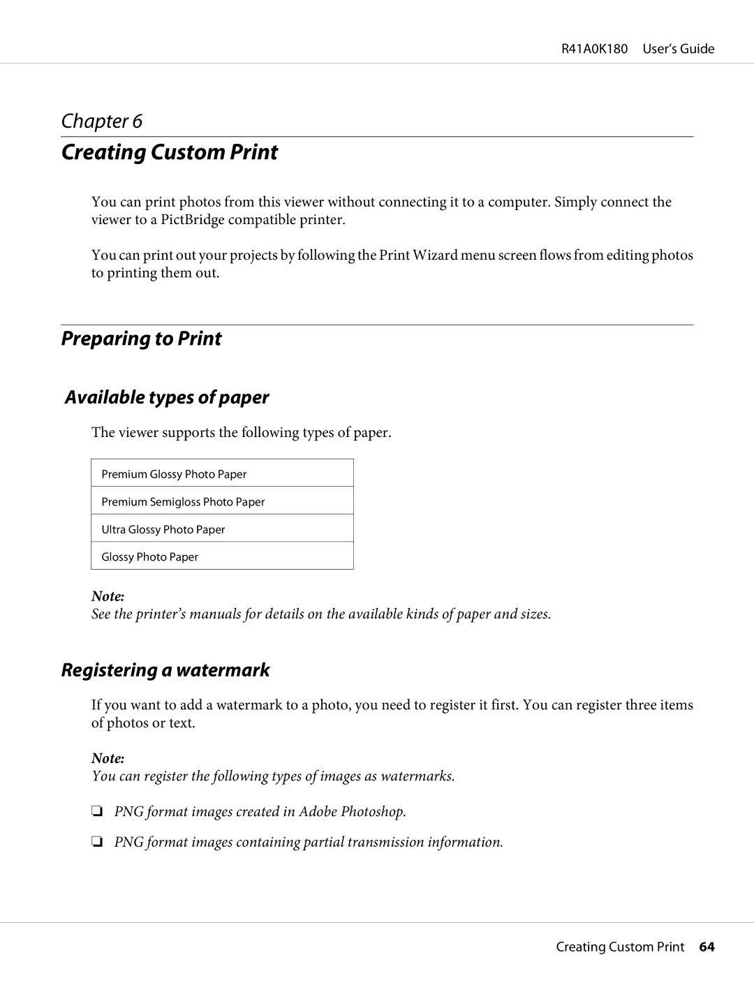 Epson P-6000 manual Creating Custom Print, Preparing to Print, Available types of paper, Registering a watermark 