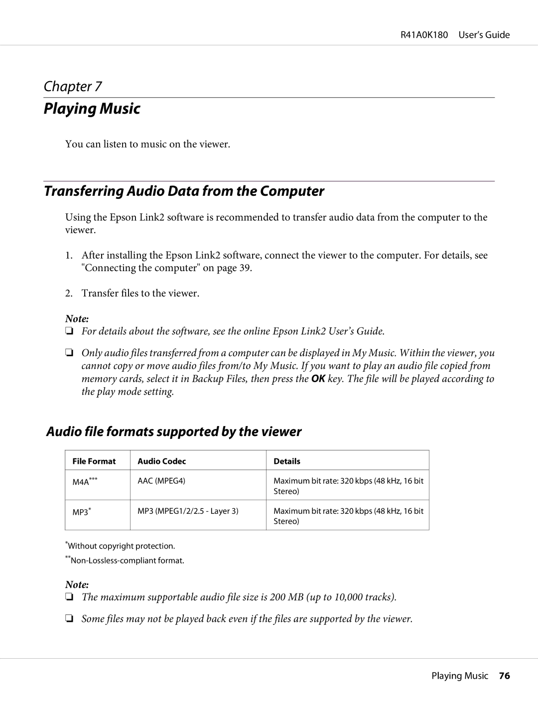 Epson P-6000 manual Playing Music, Transferring Audio Data from the Computer, Audio file formats supported by the viewer 