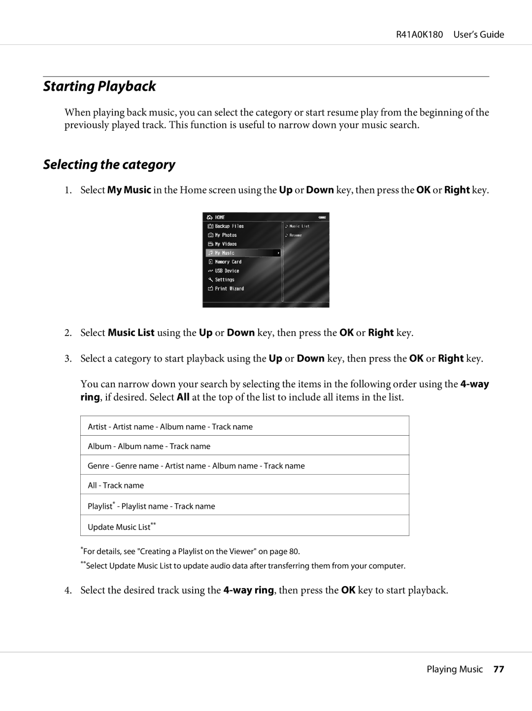 Epson P-6000 manual Starting Playback, Selecting the category 