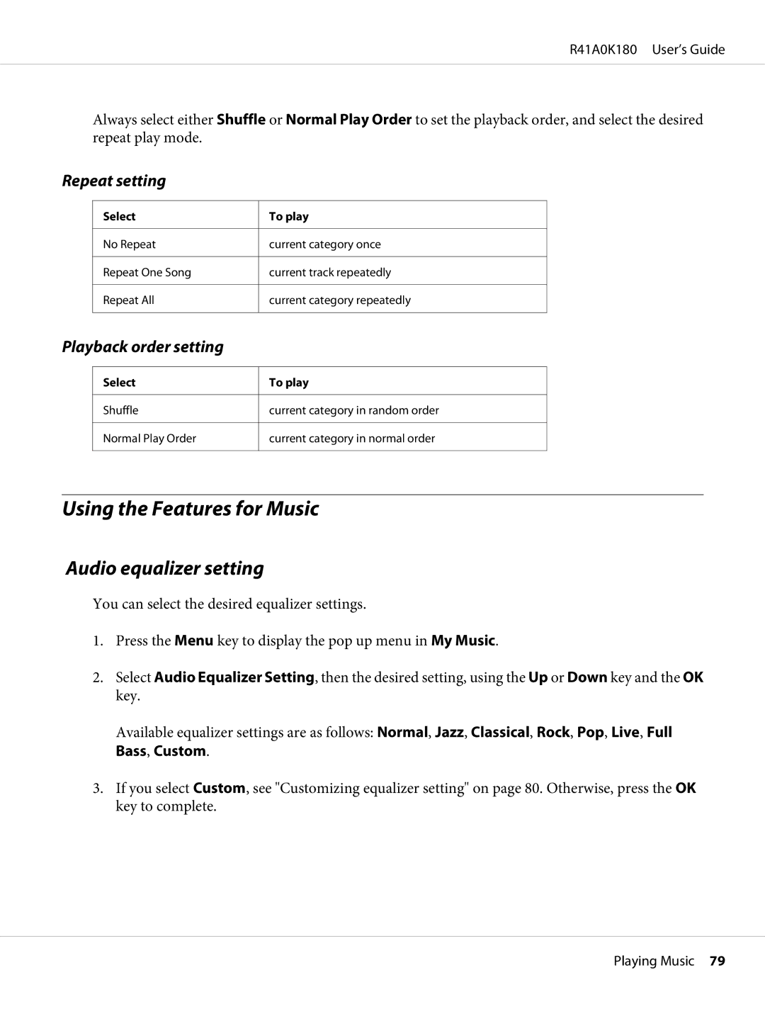 Epson P-6000 manual Using the Features for Music, Audio equalizer setting, Repeat setting, Playback order setting 