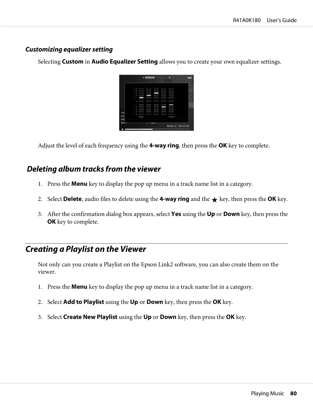 Epson P-6000 manual Creating a Playlist on the Viewer, Deleting album tracks from the viewer, Customizing equalizer setting 