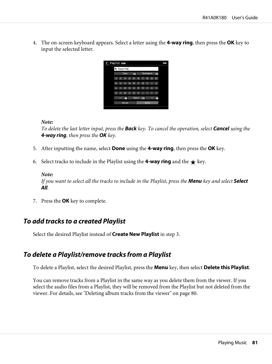 Epson P-6000 manual To add tracks to a created Playlist, To delete a Playlist/remove tracks from a Playlist 