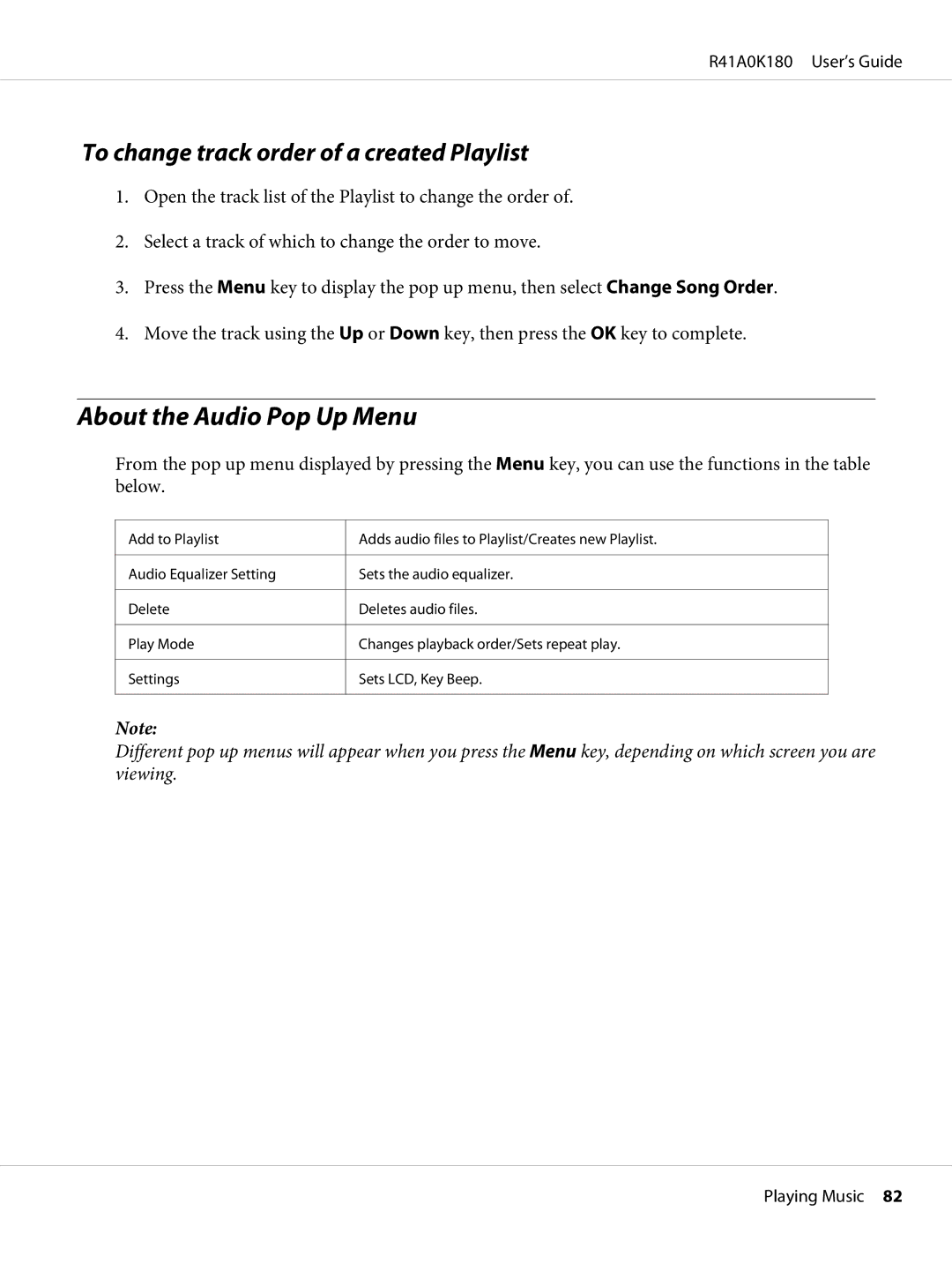 Epson P-6000 manual About the Audio Pop Up Menu, To change track order of a created Playlist 