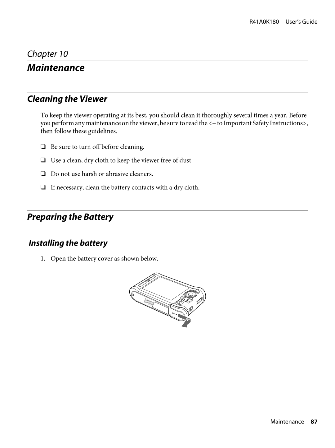 Epson P-6000 manual Maintenance, Cleaning the Viewer, Preparing the Battery, Installing the battery 