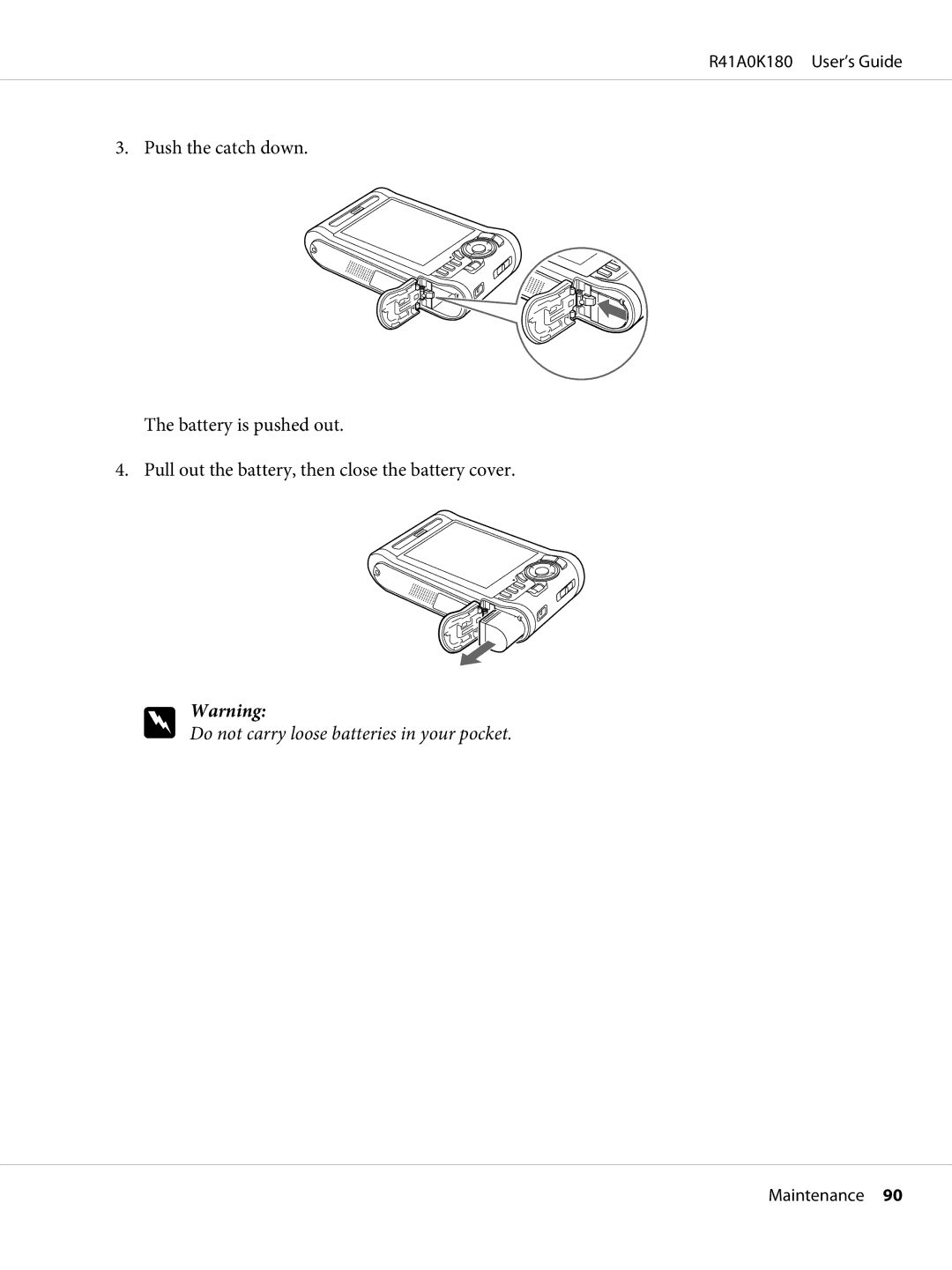 Epson P-6000 manual Do not carry loose batteries in your pocket.Warning 