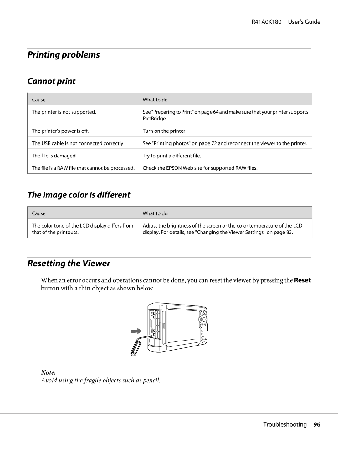 Epson P-6000 manual Printing problems, Resetting the Viewer, Cannot print, Image color is different 