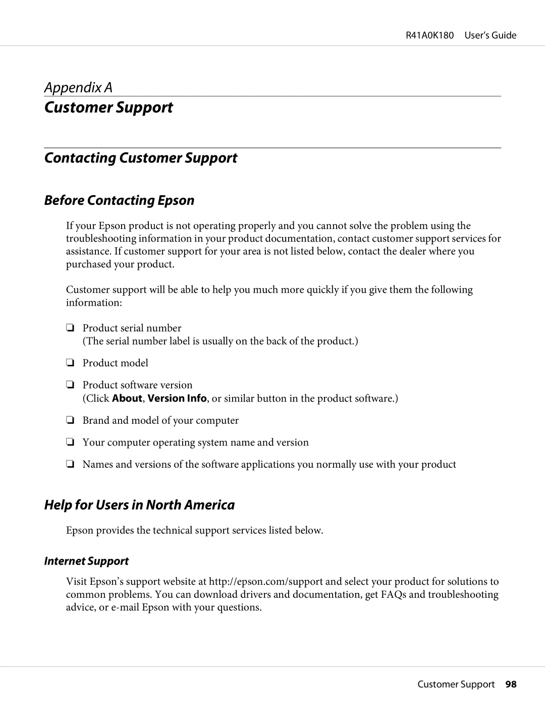 Epson P-6000 Contacting Customer Support, Before Contacting Epson, Help for Users in North America, Internet Support 