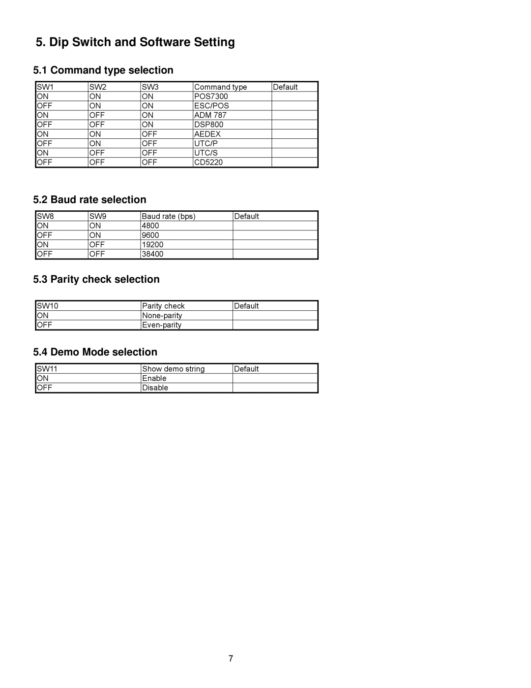 Epson P07303 Dip Switch and Software Setting, Command type selection, Baud rate selection, Parity check selection 