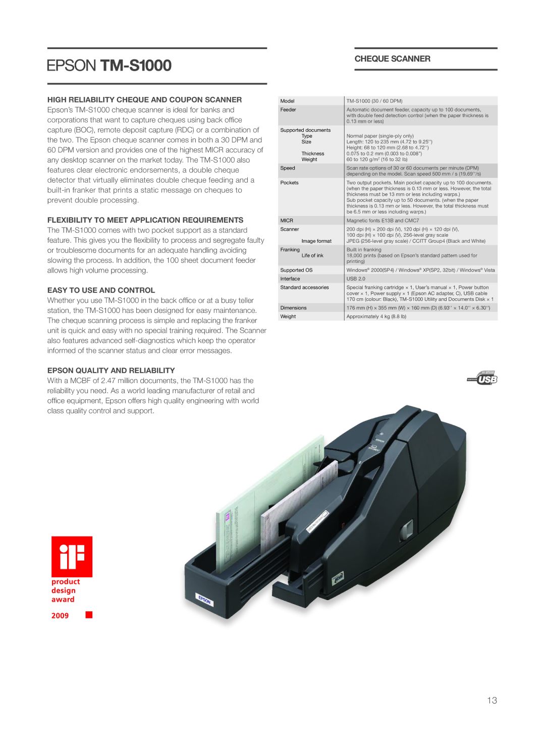 Epson P60 manual Cheque Scanner, High Reliability Cheque and Coupon Scanner, Flexibility to Meet Application Requirements 