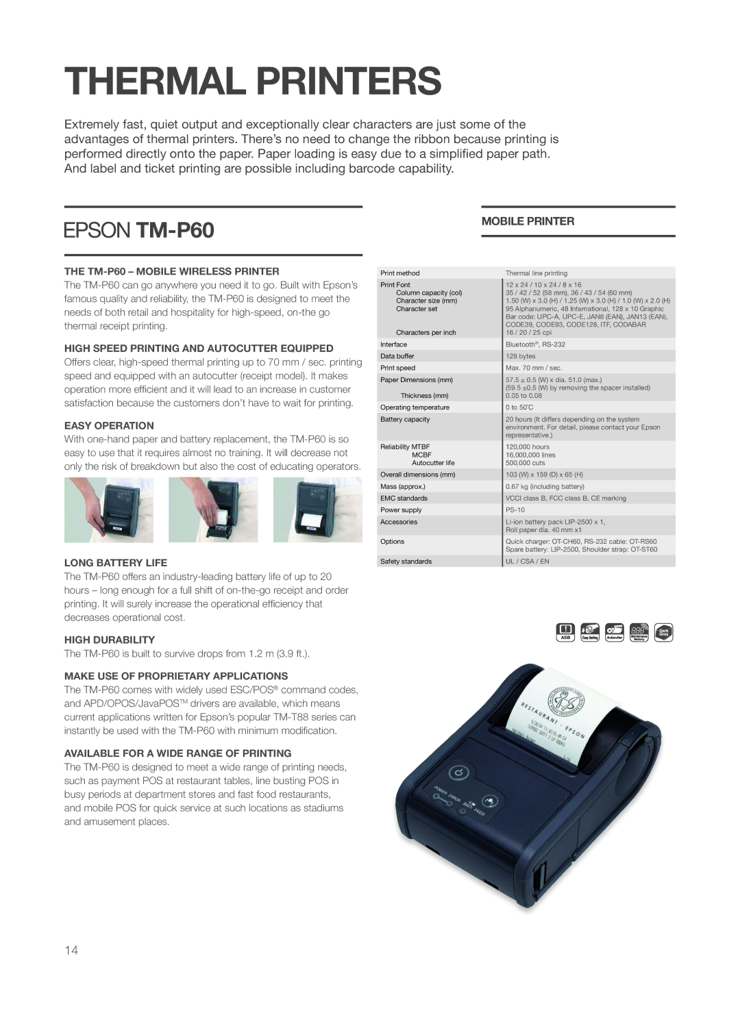 Epson P60 manual Thermal Printers, Mobile Printer 