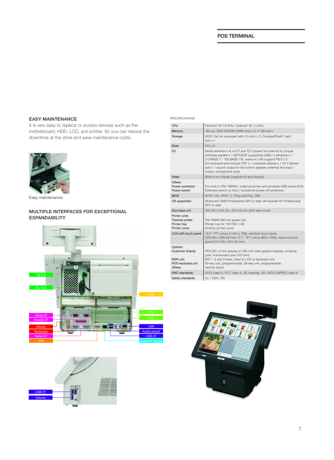 Epson P60 POS Terminal, Easy Maintenance, Multiple Interfaces for Exceptional Expandability, Specifications, Ul / Csa / En 