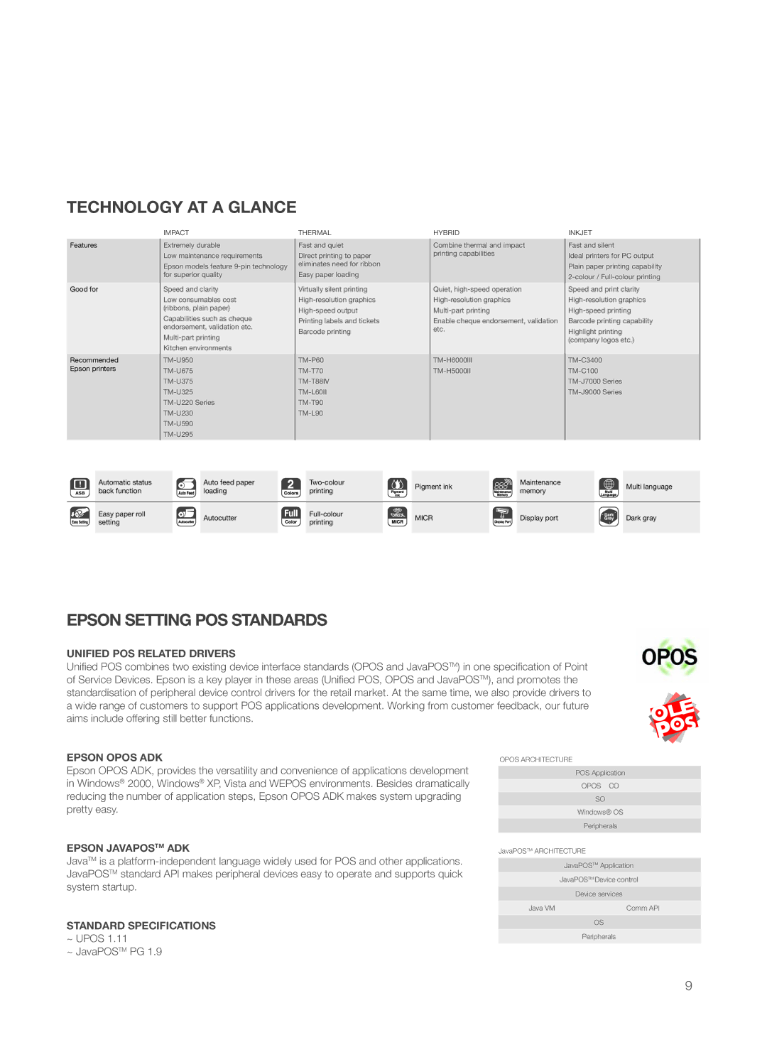 Epson P60 manual Unified POS Related Drivers, Epson Opos ADK, Epson Javapostm ADK, Standard Specifications 