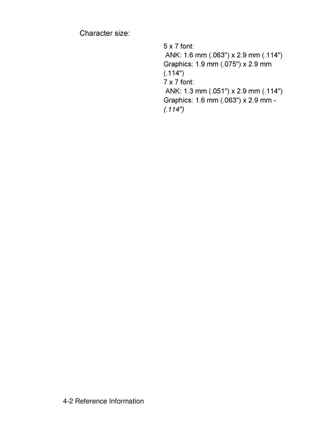 Epson PA-295 operating instructions Character size 