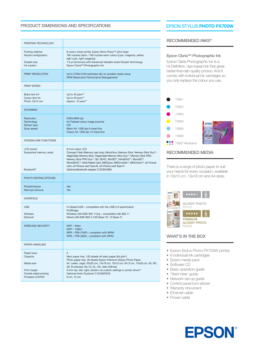 Epson Photo PX700W manual Product Dimensions and Specifications, Recommended INKS*1, Recommended Media, WHAT’S in the BOX 