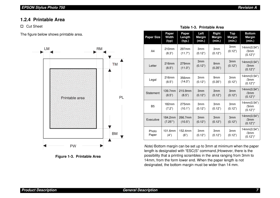 Epson Photo750 manual Printable Area, Paper Left Right Top Bottom, Width Length Margin Typ Min 