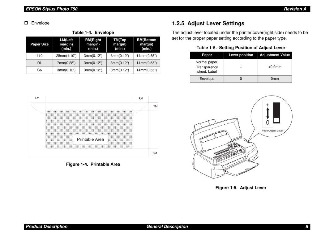 Epson Photo750 Adjust Lever Settings, Envelope, Setting Position of Adjust Lever, Paper Lever position Adjustment Value 