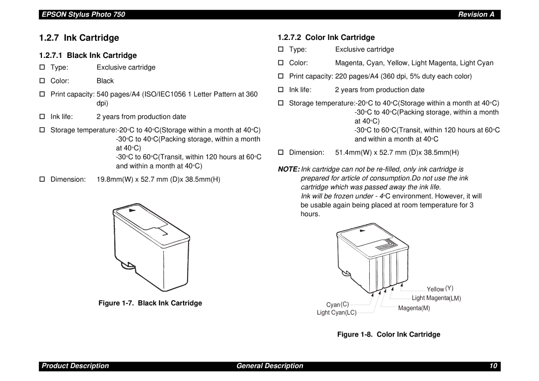 Epson Photo750 manual Black Ink Cartridge, Color Ink Cartridge 