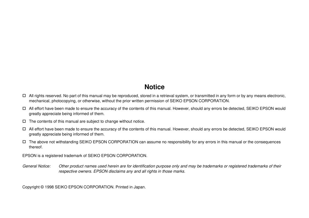 Epson Photo750 manual General Notice 