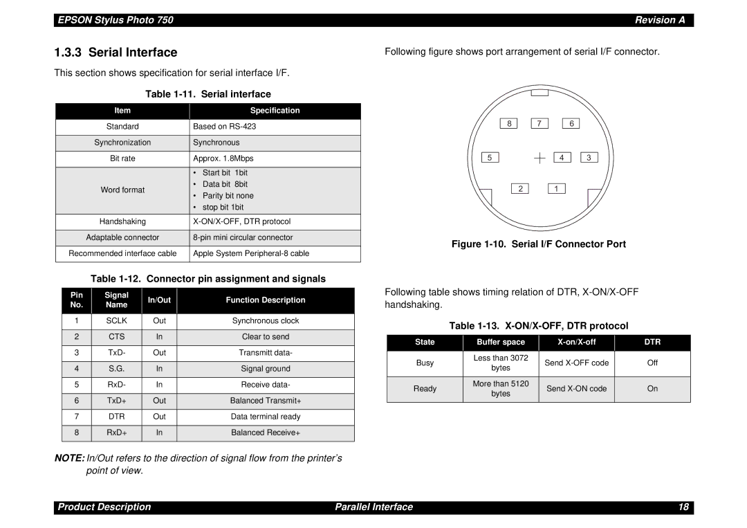 Epson Photo750 manual Serial Interface, Serial interface, Connector pin assignment and signals, X-ON/X-OFF, DTR protocol 