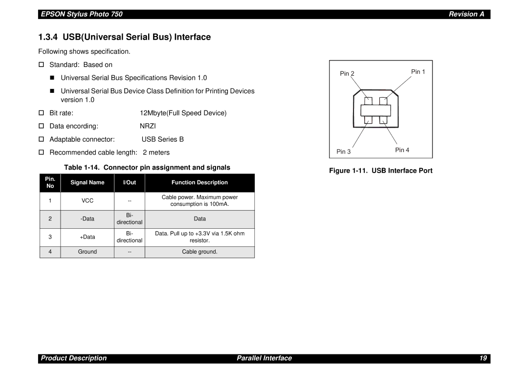 Epson Photo750 manual USBUniversal Serial Bus Interface, Connector pin assignment and signals 