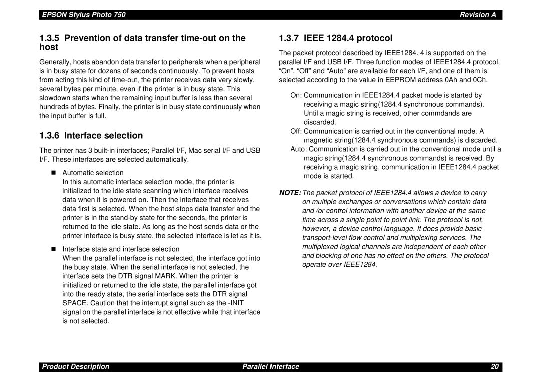 Epson Photo750 manual Prevention of data transfer time-out on Host, Interface selection, Ieee 1284.4 protocol 