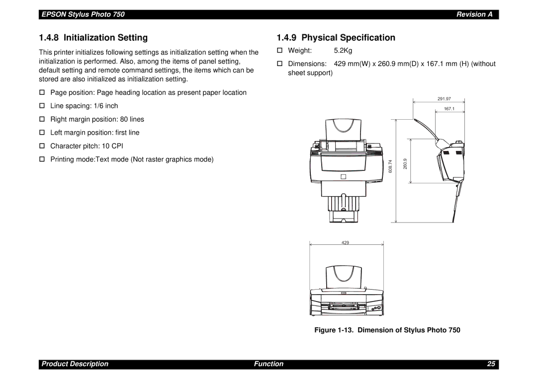 Epson Photo750 manual Initialization Setting, Physical Specification 