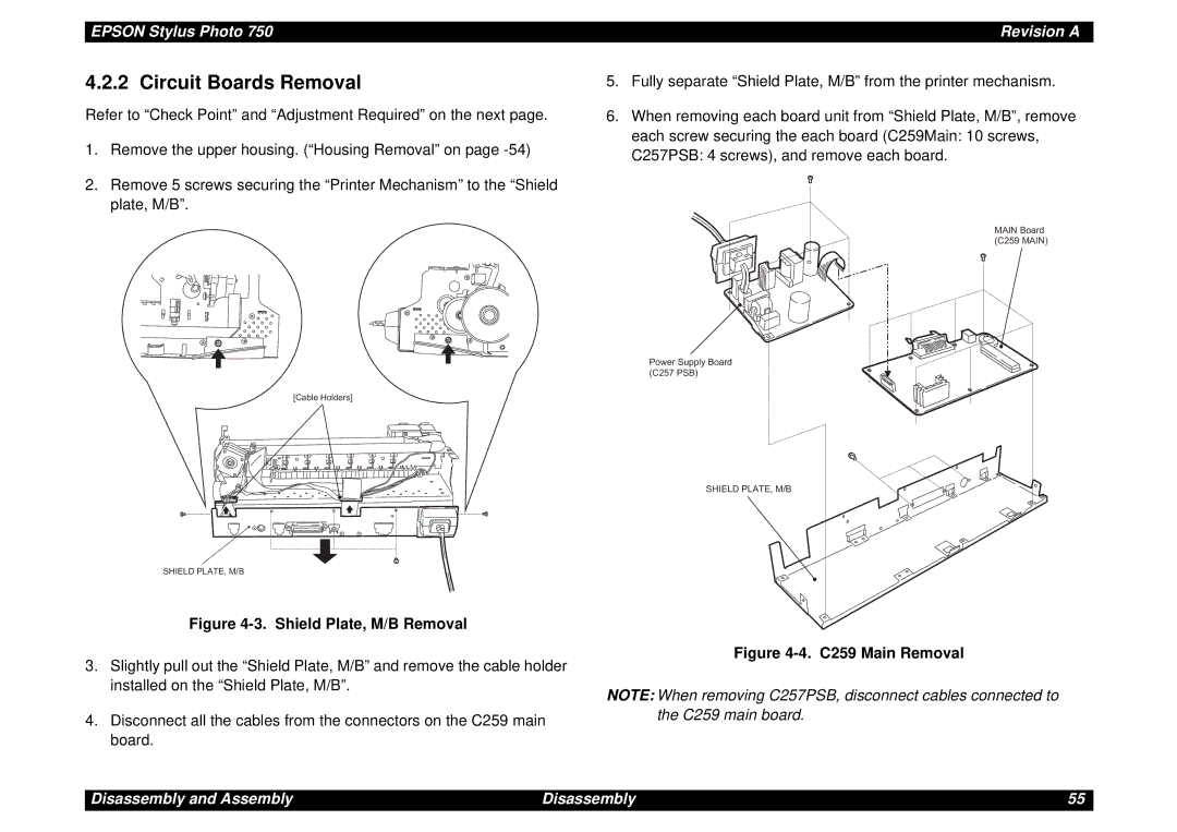 Epson Photo750 manual Circuit Boards Removal, Shield Plate, M/B Removal 