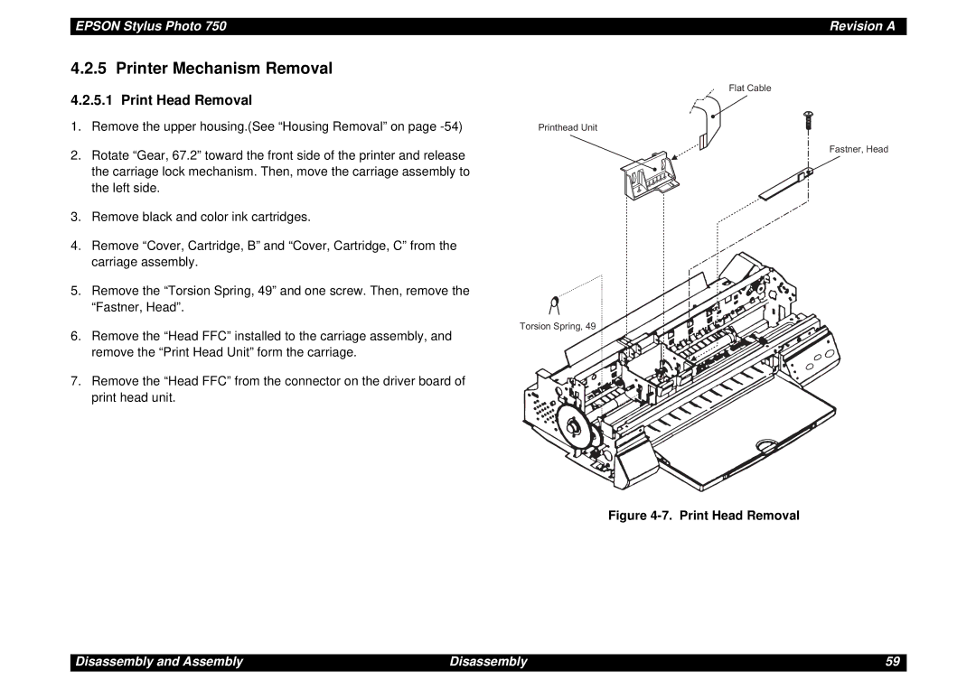 Epson Photo750 manual Printer Mechanism Removal, Print Head Removal 